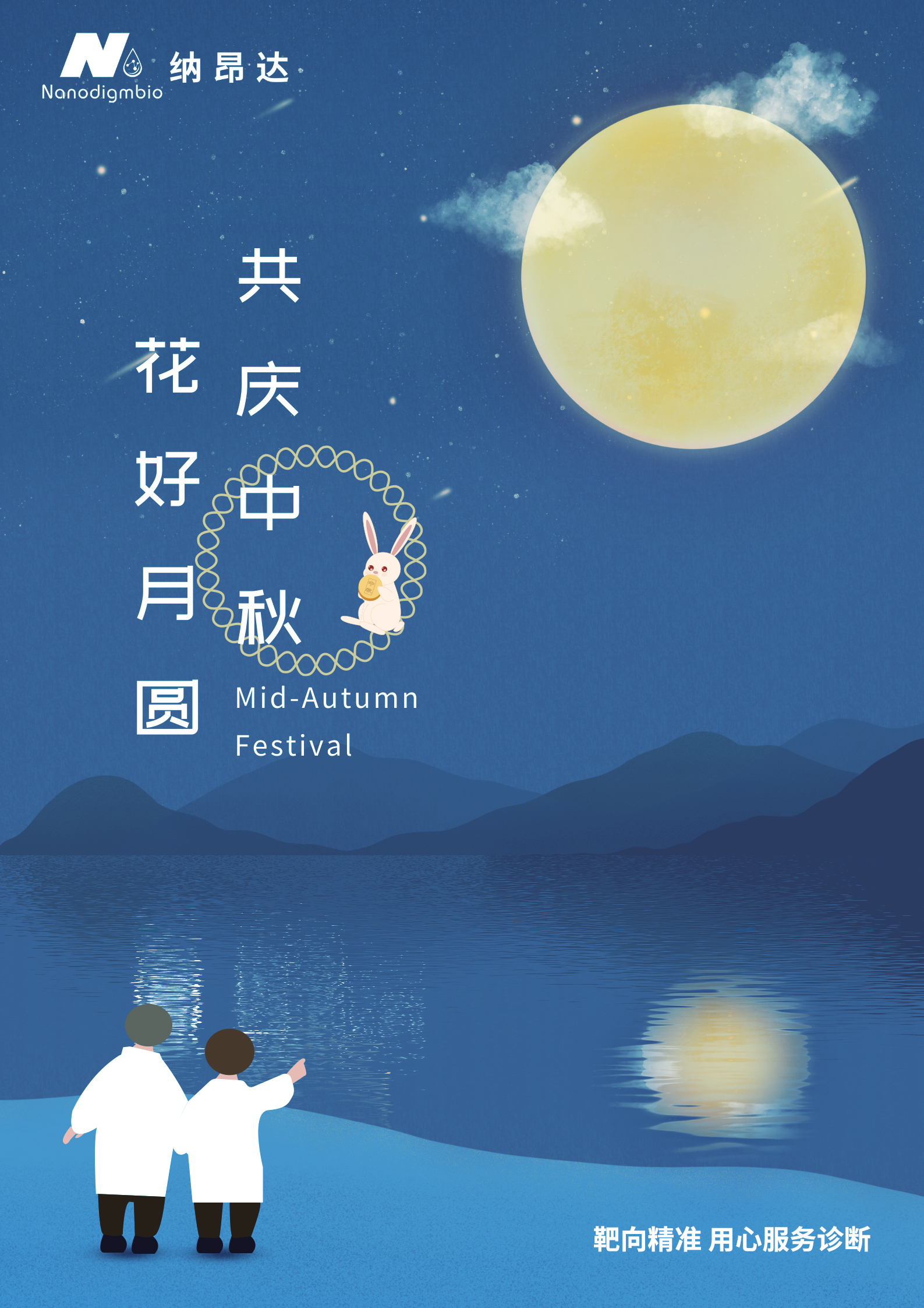 蓝黄色月亮树木卡通中秋节节日促销中文海报 (1)